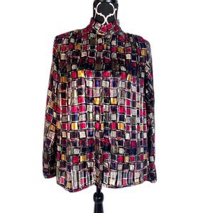 Yves St Clair Bold Maximal Square Print Mock Neck Long Sleeve Blouse Size 12